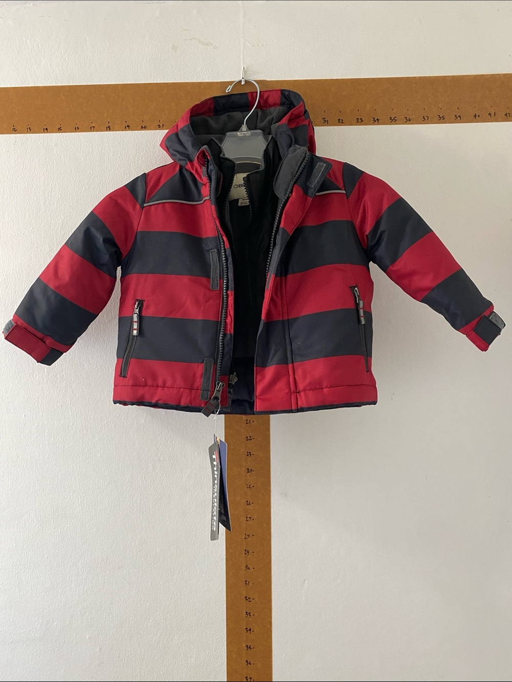Cherokee 18M Red and Black Striped Hooded Puffer Jacket
